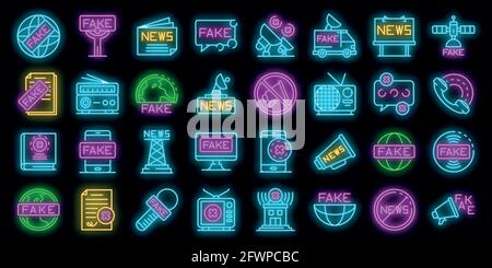 Fake News-Symbole gesetzt. Umreißen Satz von gefälschten News Vektor-Symbole Neonfarbe auf schwarz Stock Vektor