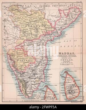 Britisch-Indien-Süd. Madras Hydrabad Mysore Coorg Ceylon. BARTHOLOMEW 1893-Karte Stockfoto