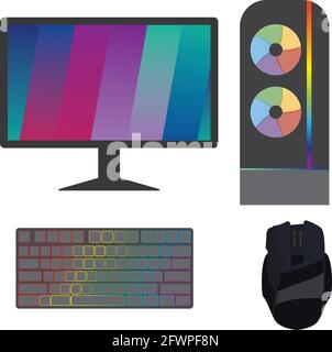 Satz von Spielgeräten oder pc-Einrichtung – ein pc, Monitor oder Bildschirm, Maus und Tastatur. Tastatur und pc verfügen über RGB-Leuchten, Monitor-Bildschirm hat helle Farben. Stock Vektor