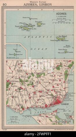 Azoren und Umgebung von Lissabon. Portugal. BARTHOLOMEW 1949 alte Jahrgangskarte Stockfoto