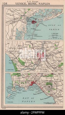 Italien Städte Umgebung. Venedig, Rom Und Neapel. BARTHOLOMEW 1949 alte Jahrgangskarte Stockfoto