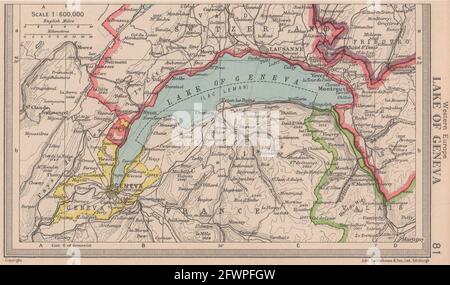 Genfersee. Lac Leman. Schweiz. BARTHOLOMEW 1949 alte Jahrgangskarte Stockfoto