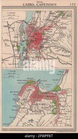 Afrikanische Städte. Kairo Und Kapstadt. Ägypten, Südafrika. BARTHOLOMEW 1949-Karte Stockfoto