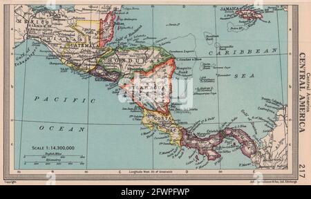 Mittelamerika. Honduras Panama Costa Rica Nicaragua. BARTHOLOMEW 1949-Karte Stockfoto