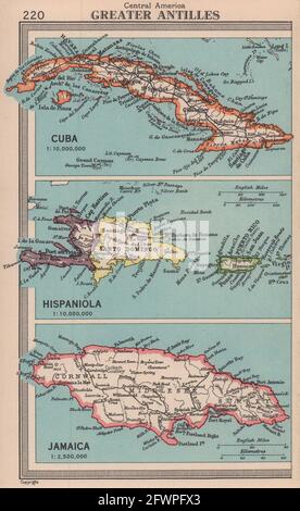 Großantillen. Jamaika Kuba Hispaniola. Westindien. BARTHOLOMEW 1949-Karte Stockfoto