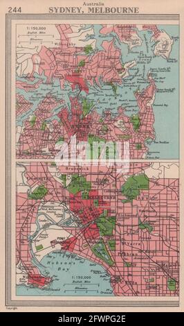 Städte in Australien. Sydney, Melbourne. BARTHOLOMEW 1949 alte Jahrgangskarte Stockfoto