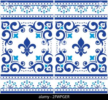 Azulejo Fliesen nahtloses Vektor-Muster - Lissabon Luxus-Stil, ornamentales Design mit Rand oder Rahmen von Kunst aus Portugal mit Fluer de Lis an inspiriert Stock Vektor