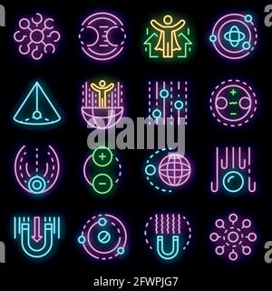 Symbole für Schwerkraft eingestellt. Umreißen Sie eine Reihe von Schwerkraftvektoren, Neonfarben, auf Schwarz Stock Vektor