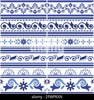 Lissabon-Stil Azulejo Fliesen nahtlose Vektor-Grenze oder fram Musterkollektion, Retro marineblau Design-Set von der Kunst aus Portugal mit Blumen und inspiriert Stock Vektor