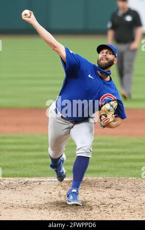 St. Louis, Usa. Mai 2021. Der Chicago Cubs Pitcher Tommy Nance liefert den St. Louis Cardinals am Sonntag, den 23. Mai 2021, im siebten Inning im Busch Stadium in St. Louis einen Pitch. Chicago gewann das Spiel 2:1. Foto von Bill Greenblatt/UPI Credit: UPI/Alamy Live News Stockfoto