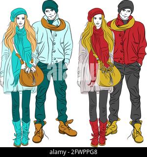festlegen Sie stilvolle Mode Mann und ein Mädchen in warme Kleidung in zwei Farben Stock Vektor