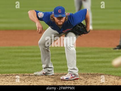 St. Louis, Usa. Mai 2021. Chicago Cubs Pitcher Craig Kimbrel plant seinen Pitch zu den St. Louis Cardinals im neunten Inning im Busch Stadium in St. Louis am Sonntag, 23. Mai 2021. Chicago gewann das Spiel 2:1. Foto von Bill Greenblatt/UPI Credit: UPI/Alamy Live News Stockfoto