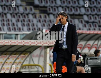 Cheftrainer von Benevento Calcio Filippo Inzaghi reagiert während des Spiels der Serie A 2020/21 zwischen dem FC Turin und Benevento Calcio im Stadio Olimpico Grande Torino am 23. Mai 2021 in Turin, Italien - Photo ReporterTorino / LiveMedia Stockfoto