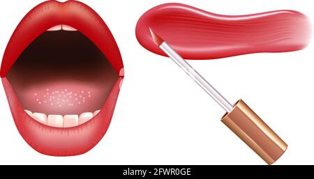 Make-up Set für Lippen mit realistischem Creme-Schimmer, realistischem Flüssiglipstick und Lippen. Stock Vektor
