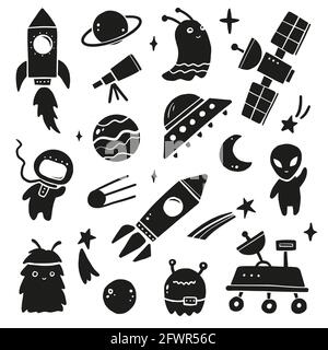 Niedlich Cartoon Space set, Rakete, Astronaut, Planet, ufo, Alien. Handgezeichnete Vektor-Illustration im schwarzen Silhouettenstil. Weltraumabenteuer, Weltraumforscher, Technologie, Raumschiffkonzept. Stock Vektor