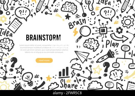 Handgezeichnete Banner-Vorlage mit Brainstorming, Idee, Gehirn-Elementen. Doodle-Skizzenstil. Vektordarstellung für Brainstorming, Business-Banner, Rahmen, Broschürenhintergrund. Stock Vektor