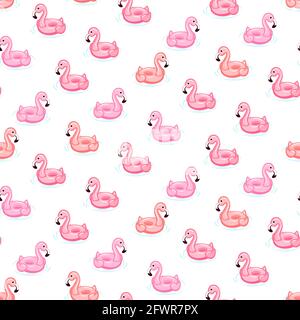 Nahtloses Muster mit rosa Flamingo aufblasbar auf weißem Hintergrund. Pool Float. Aufblasbares buntes Einhorn. Schwimmkreis. Realistische Sommerzeit krank Stock Vektor