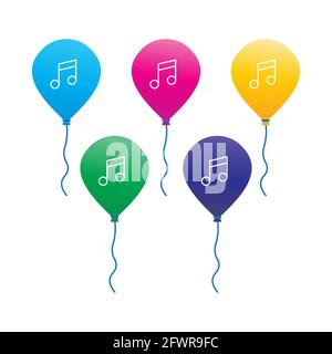 Ein Satz von bunten Ballon mit Noten-Symbol. Vektorgrafik. Designbündel isoliert auf weißem Hintergrund. Gelb blau grün schnurrend Stock Vektor