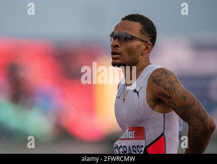 23. Mai 2021; Gateshead International Stadium, Gateshead, Tyne and Wear, England; Muller Diamond League Grand Prix Athletics, Gateshead; Andre De Grasse nach den 200 m Herren Stockfoto