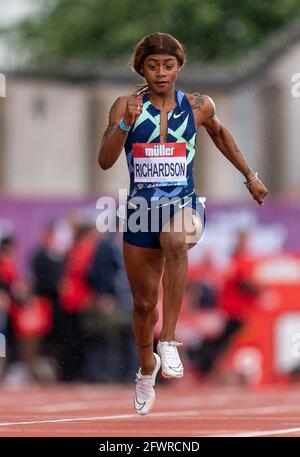 23. Mai 2021; Gateshead International Stadium, Gateshead, Tyne and Wear, England; Muller Diamond League Grand Prix Athletics, Gateshead; Sha&#x2019; Carri Richardson während der 100-m-Vorläufe Stockfoto