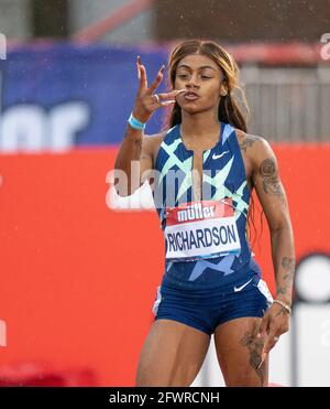 23. Mai 2021; Gateshead International Stadium, Gateshead, Tyne and Wear, England; Muller Diamond League Grand Prix Athletics, Gateshead; Sha&#x2019;Carri Richardson spielt vor den Kameras Stockfoto