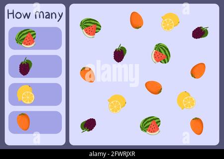 Kids mathematische Mini-Spiel - zählen, wie viele Früchte - Wassermelone, Brombeere, Zitrone, Kakimmon. Pädagogische Spiele für Kinder. Cartoon Design Vorlage auf bunten Hintergrund. Vektorgrafik. Stock Vektor