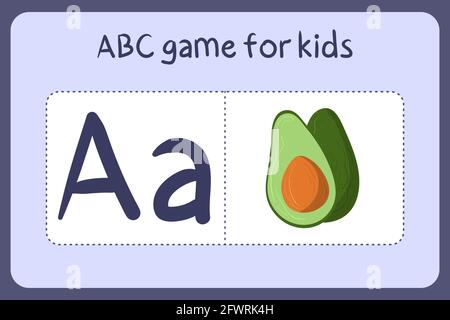 Kind Alphabet Mini-Spiele im Cartoon-Stil mit Buchstabe A - Avocado. Vektor-Illustration für Spiel-Design - Schneiden und spielen. Lerne abc mit Flash-Karten für Obst und Gemüse. Stock Vektor