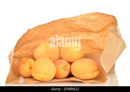 Mehrere reife Ananas-Aprikosen in einem Papierbeutel, Nahaufnahme, isoliert auf Weiß. Stockfoto