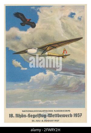 FLIEGERKORPS 1937, NS-Propagandakarte Poster 'Nationalsozialistisches Fliegerkorps NSFK 18. Rhön-Segelflug-Wettbewerb 1937', Illustration des Segelflugzeugs 'D-Groenhoff' mit Nazi-Hakenkreuz und symbolischem Adler am Himmel, Vorbereitung und Ausbildung für den Nazi-deutschen Luftwaffe-2. Weltkrieg Stockfoto