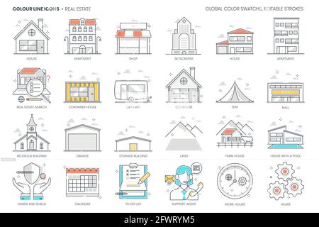 Immobilien bezogen, Farblinie, Vektor-Symbol, Illustrationssatz Stock Vektor