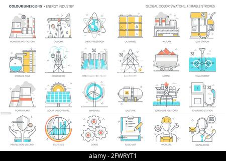 Im Zusammenhang mit der Energiewirtschaft, Farblinie, Vektorsymbol, Illustrationssatz Stock Vektor