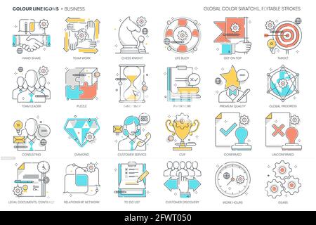 Geschäftsbezogen, Farblinie, Vektorsymbol, Illustrationssatz. Stock Vektor