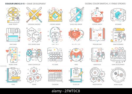 Spiel Entwicklung im Zusammenhang, Farblinie, Vektor-Symbol, Illustration-Set. Stock Vektor