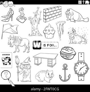 Schwarz-Weiß-Cartoon-Illustration der Suche nach Bildern beginnend mit Letter W pädagogische Aufgabe Arbeitsblatt für Kinder mit Objekten und Comic-Charakter Stock Vektor
