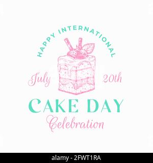 Happy Cake Day-Fest Süßwaren Abstraktes Zeichen, Symbol oder Label-Vorlage. Handgezeichneter Sweet Peace mit Kerze, Früchten und Typografie. Bäckerei Stock Vektor