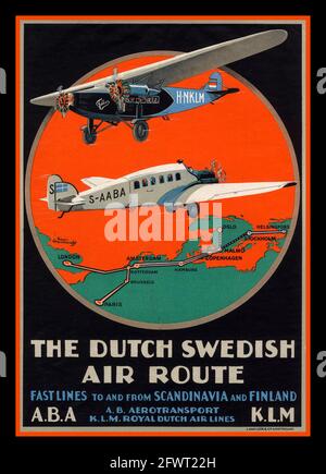 Poster-Flugreisen der 30er Jahre nach und von Skandinavien und Finnland 1930 DIE HOLLÄNDISCHE SCHWEDISCHE FLUGSTRECKE. FASTLINES VON UND NACH SKANDINAVIEN UND FINNLAND. A.B.A & K.L.M Stockfoto