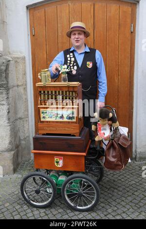 Ein Leierkasten-Mann auf dem Untermarkt in Görlitz am 24.05.2021 Drehorgel Stockfoto