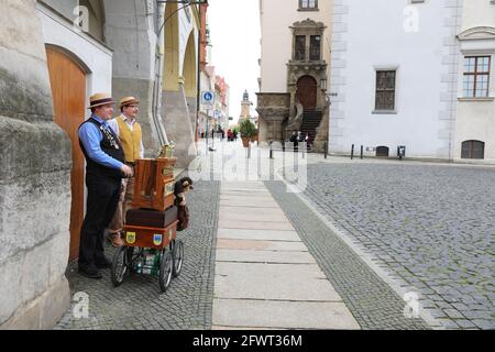 Ein Leierkasten-Mann auf dem Untermarkt in Görlitz am 24.05.2021 Drehorgel Stockfoto