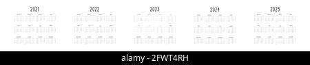 Kalender von 2021 bis 2025 Vorlage in minimalistischem Schwarz-Weiß-Stil. Zurückhaltendes Design für den Druck. Die Woche beginnt am sonntag. Stock Vektor