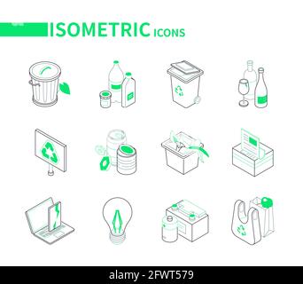 Abfallsortierung - Moderne Linie isometrische Symbole gesetzt. Behälter, Plastikflaschen, Recycling-Behälter, Glas, Banner, Zinn, organisch, Batterien, Elektronik, Beutel. Stock Vektor