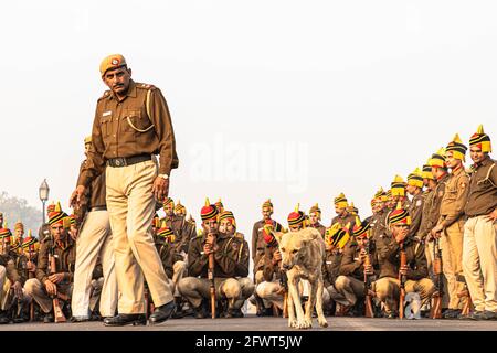 Ein Hund sitzt auf der Straße und die Polizei von delhi während ihrer Proben für den tag der indischen republik in delhi. Stockfoto