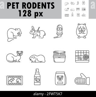 Vektor für Symbolsatz von Tiernagetieren. Frettchen, Hamster, Kaninchen sind die Symbole gezeigt. Symbole für Ratten, Meerschweinchen. Massagehandschuh für Haustier. Käfig und Heu für Nagetiere. Fotolia Stock Vektor
