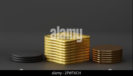 Leerer Hintergrund eines Regals für Produkte. Leeres Podium oder Sockel auf dunkelgrauem Hintergrund Concept Shape mehrschichtigen Zylinder und Würfel Münze für Busine Stockfoto