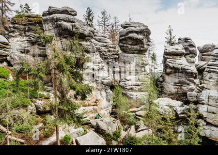 Ostas Naturschutzgebiet und Tafelberg, Broumov Region, Tschechische republik. Blick auf Felsen, Höhlen, bizarr Sandsteinformationen.kleine natürliche Stadt mit Labyrinthe Stockfoto