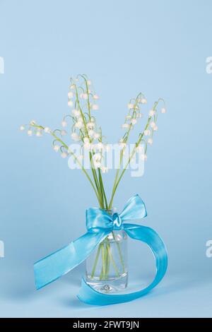 Bouquet von frischen schönen Lilien des Tals in einem Glasvase auf blauem Hintergrund Stockfoto