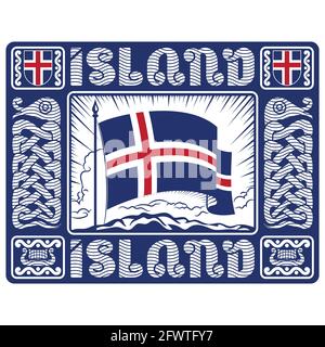 Skandinavisches Wikingerdesign. Isländische Flagge und altnordisches Muster in Form einer mythologischen Schlange, isoliert auf Weiß, Vektorgrafik Stock Vektor