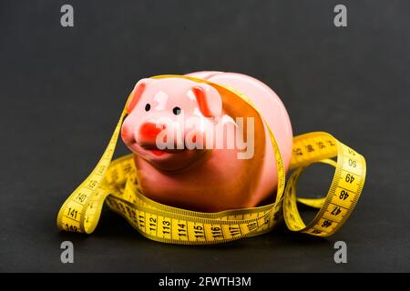 Eingeschränkt oder eingeschränkt. Kreditkreditschuld. Sparschwein und Maßband. Konzept der Budgetbegrenzung. Finanzberatung. Wirtschaft und Finanzen. Schweinefalle Stockfoto