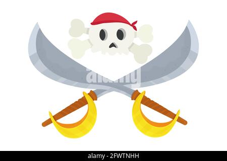 Piratenschädel in Bandana und gekreuzte Schwerter, Säbel im Cartoon-Stil isoliert auf weißem Hintergrund. Gefährliches Symbol, lustiges Emblem. UI-Spielelement. Vecto Stock Vektor