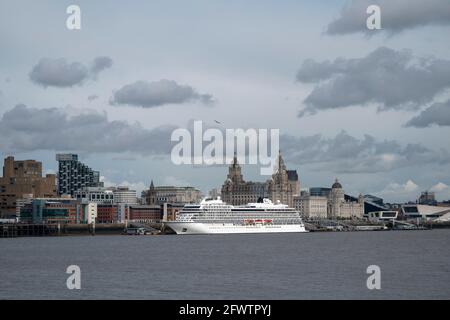 Liverpool, Großbritannien, 24. Mai 2021. Die Viking Venus ein nagelneues Schiff verlässt Liverpool nach ihrem ersten Besuch in der Stadt, um die Kreuzfahrt-Saison zu starten. Der Liverpool Cruise Terminal erwartet rund 80 Kreuzschiffe, da sich die Sperrungsbeschränkungen lockern. Kredit: Jon Super/Alamy Live Nachrichten. Stockfoto