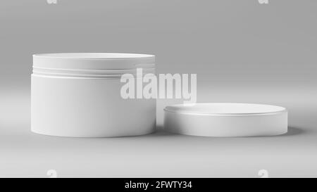 Weiße Kunststoff-Kosmetikdose Mockup, Blank Beauty Make-up Container 3D Rendering isoliert auf hellem Hintergrund Stockfoto
